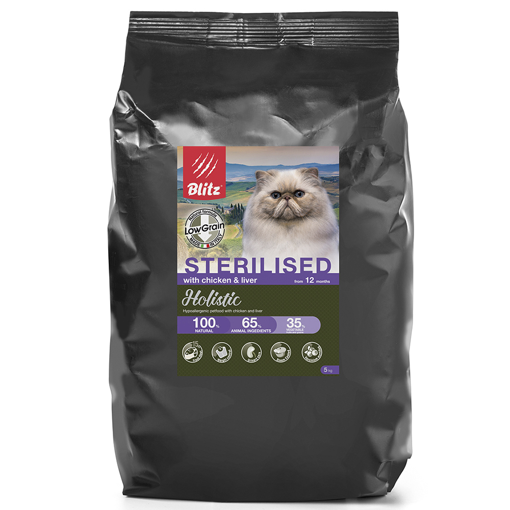 ПР0055608 Корм для кошек Holistic низкозерновой для стерилизованных, курица, печень сух. 5кг Blitz 
