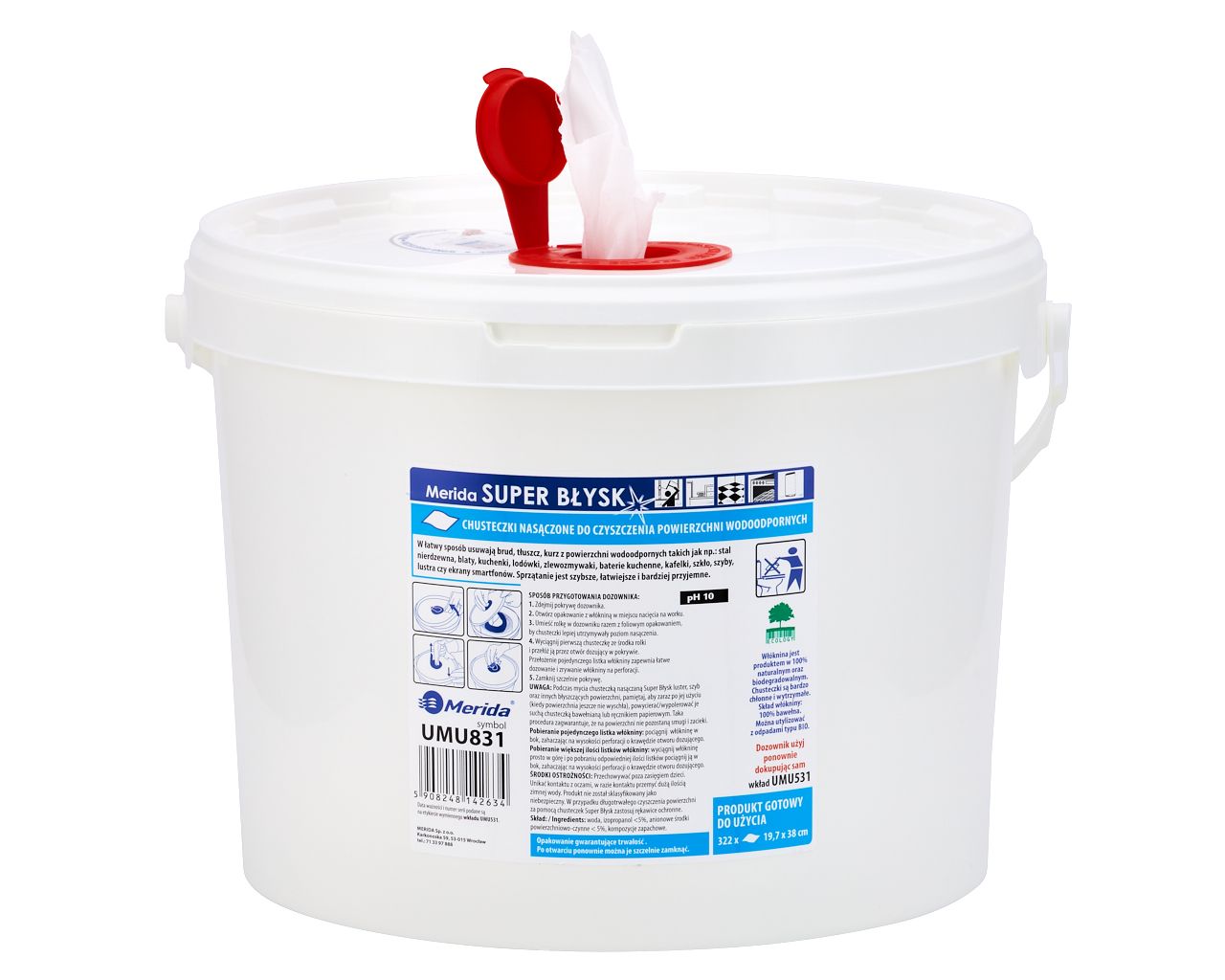 UMU831 Влажные салфетки для очистки водостойких поверхностей SUPER BŁYSK, ведро 10 л, рулон 122,36 м, 322 листа Merida  - Вид №1