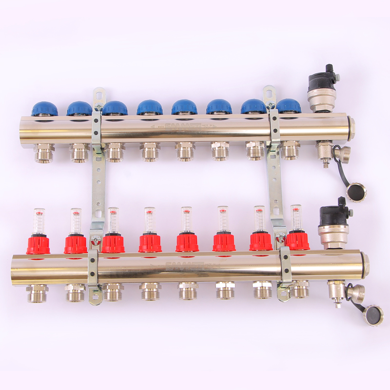 Коллекторная группа TOPWAY с термостатическими вентилями и расходомерами с резьбой под евроконус EMMETI 1"x3/4"ЕК 8 выходов 01298222