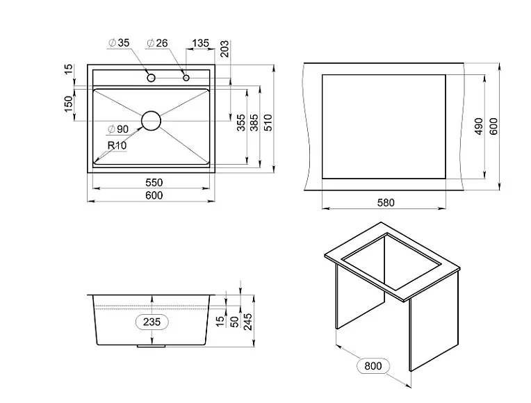 KS-6051, СТАЛЬ САТИН, стальная кухонная мойка KITCHEN SPACE GRANULA KS-6051-ST342 - Вид №3