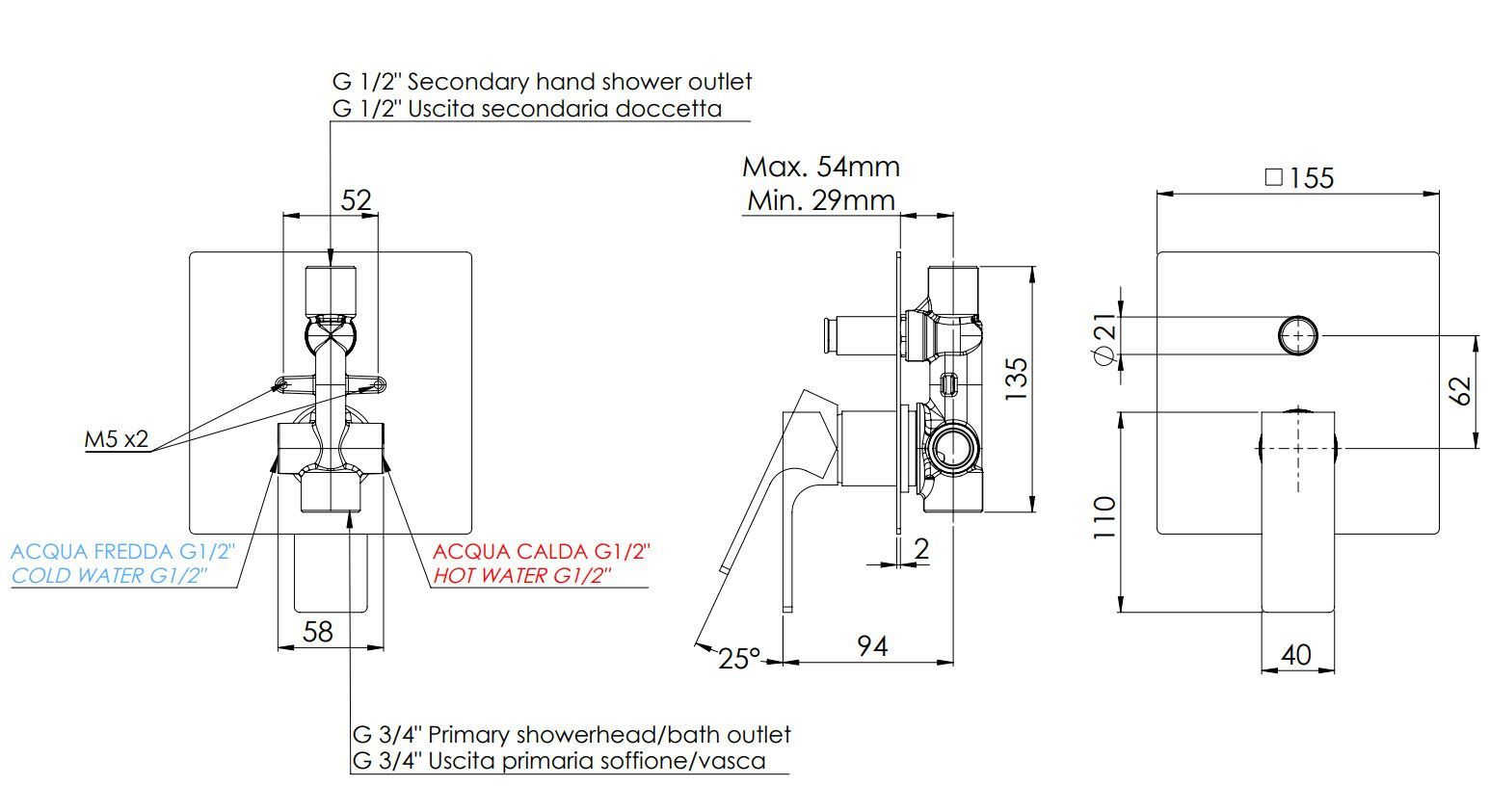 Встраиваемый однорычажный смеситель для ванны с переключателем Rubinetterie Mariani Rebel ARCH-00061886 - Вид №2