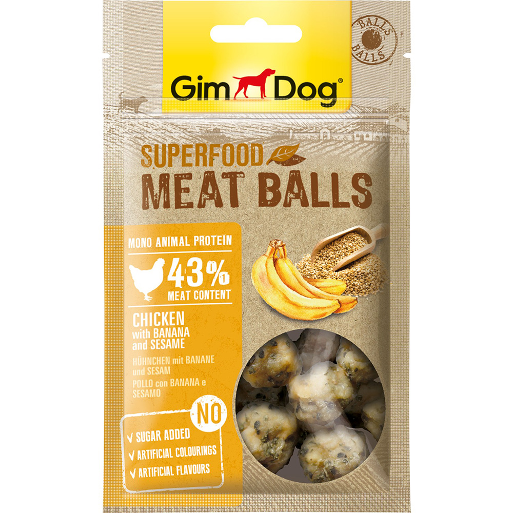 ПР0055466 Лакомство для собак GIMDOG мясные шарики суперфуд курица с бананом и кунжутом 70г GIMBORN 