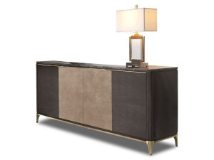 Мебель из дерева и кожи с распашными дверями и мраморной столешницей