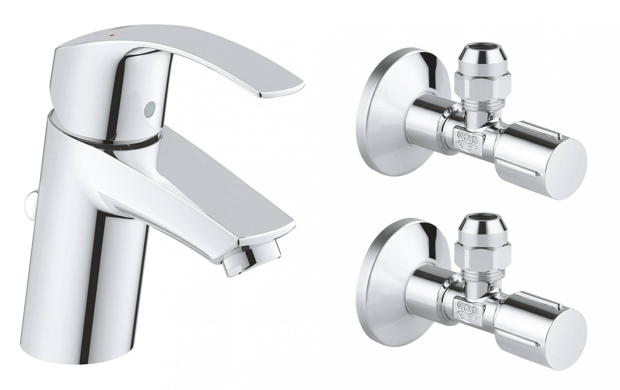 Смеситель для раковины GROHE Eurosmart New с угловыми вентилями (2 шт.) и донным клапаном, хром (23588000)