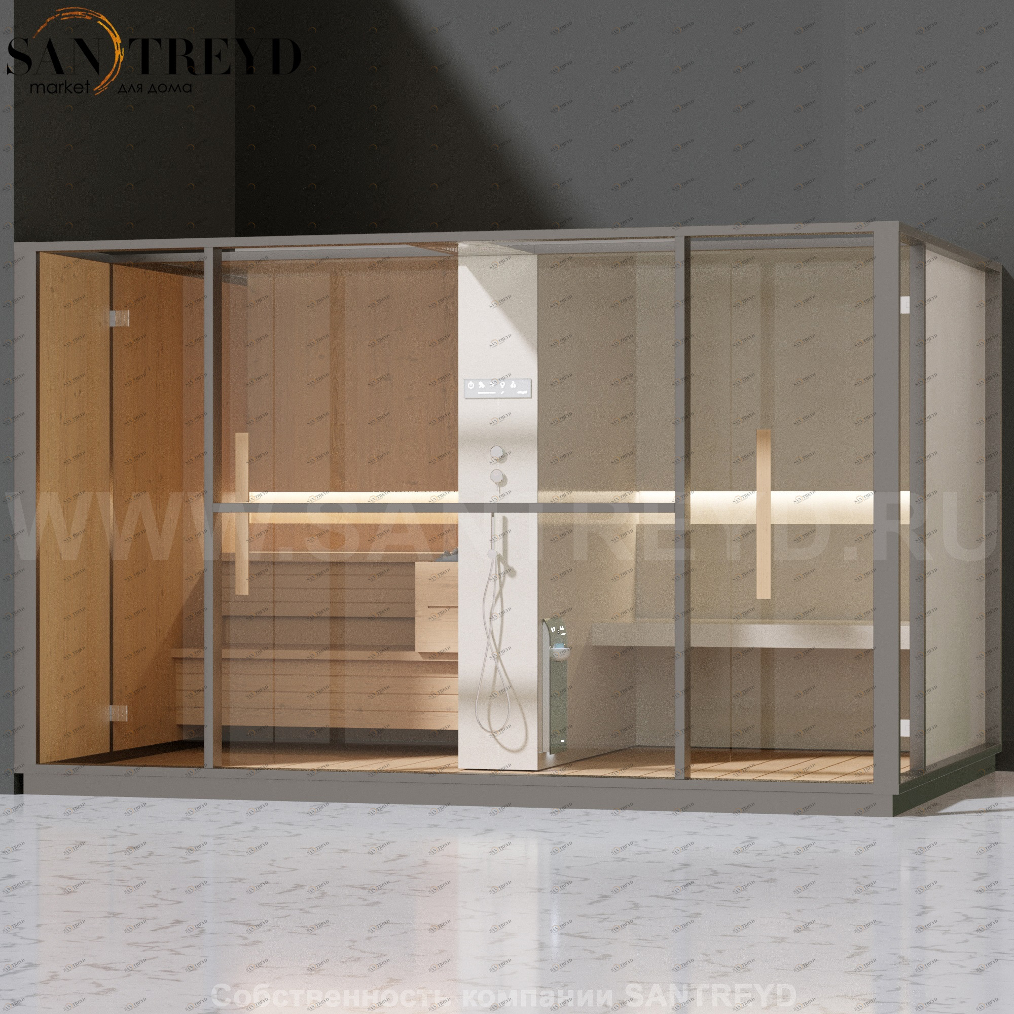 Effegibi LOGICA LO10010006 Комбинированная баня: хаммам и сауна. Установка: в левый угол. Мощность: 10,5 кВт макс. Размеры: длина 373 см, ширина 250 см. Отделка: канадский хемлок, матовый лакированный серый аллюминий и бежевый ламинат из керамогранита.