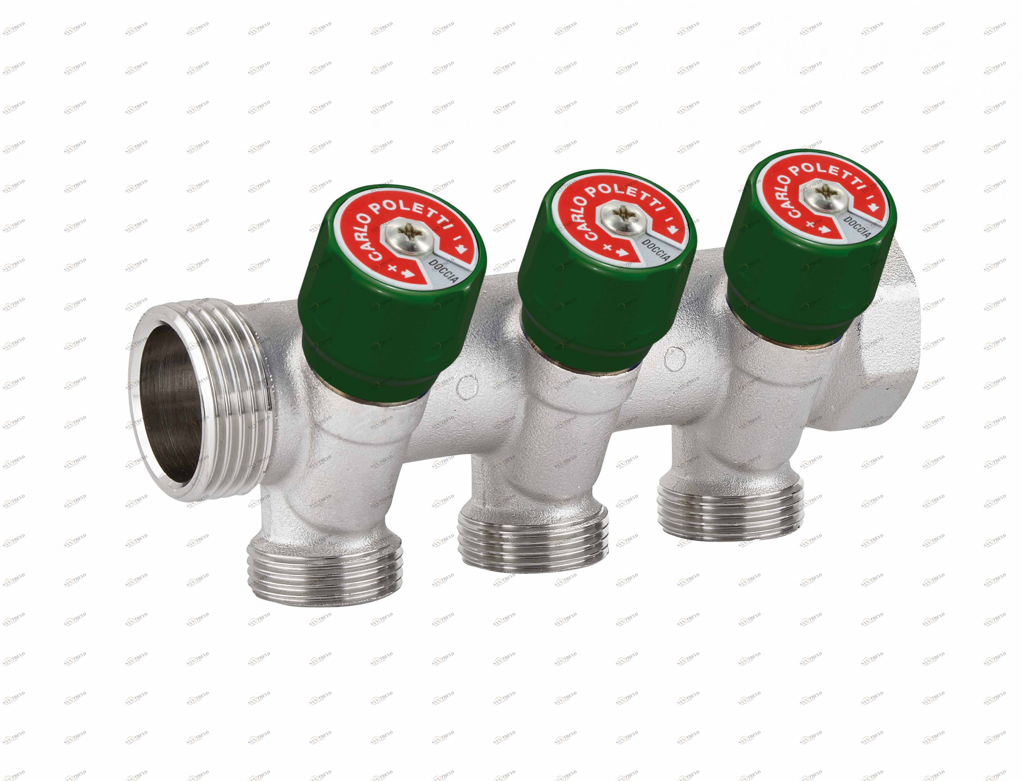 Carlo Poletti C523N01QV Коллектор сборный с регулировочным клапаном. Ручка зеленая с идентификационными пластинками красный/синий. 2 ответвления, межосевое расстояние 40 мм 