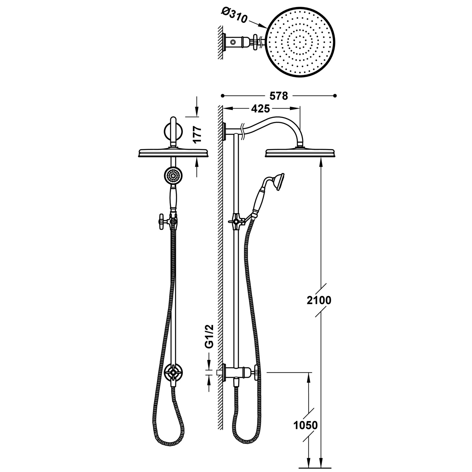 Набор душевой планки TRES CLASIC без смесителя с настенным водоснабжением и насадкой для душа-24247602LM TRES  - Вид №1