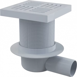 Сливной трап 150×150/50 мм боковой сток, решетка серая, гидрозатвор мокрый