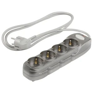 Удлинитель с заземлением, 4 розетки, 1.5 м, выключатель, цвет серый