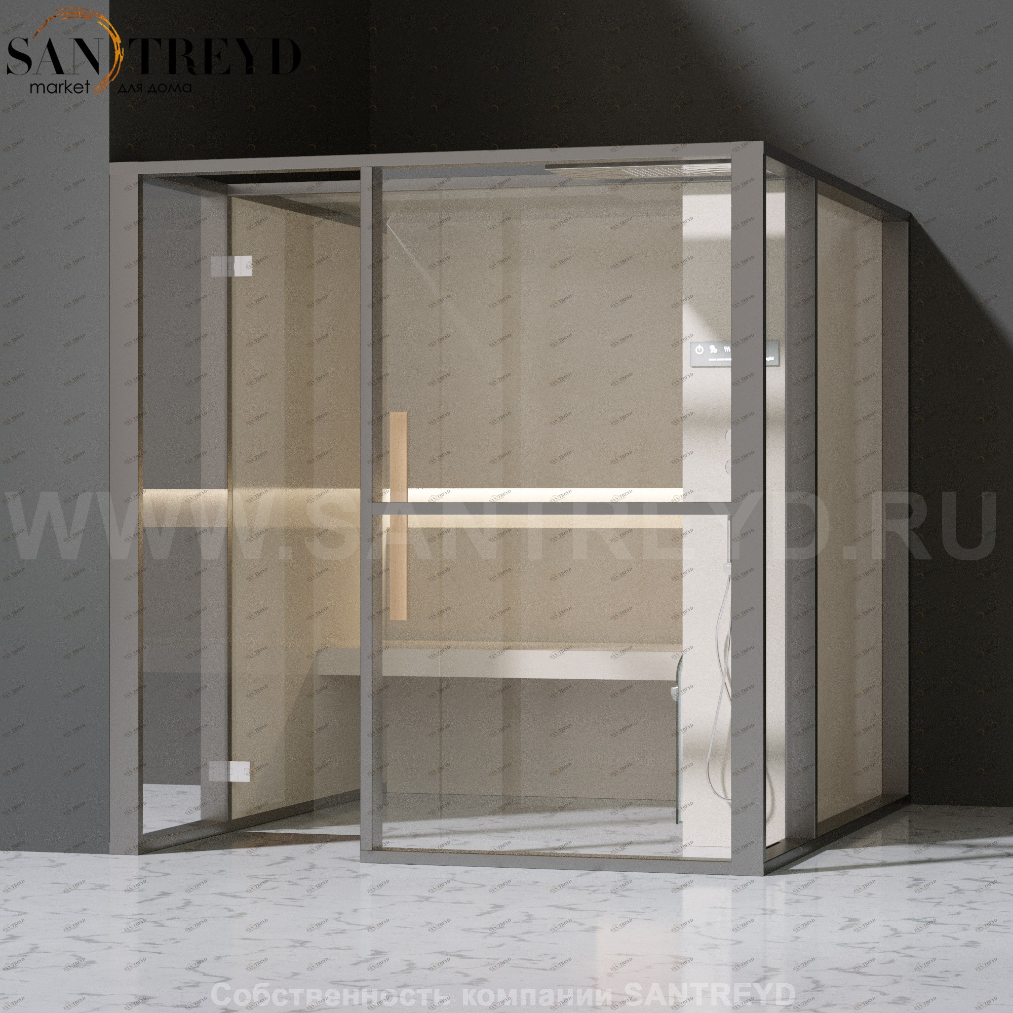 Effegibi LOGICAFILO H LO31010005 Хаммам. Установка: в левый угол. Правая дверь. Мощность: 4,5 кВт макс. Размеры: длина 214 см, ширина 250 см. Отделка: матовый лакированный серый аллюминий и бежевый ламинат из керамогранита.