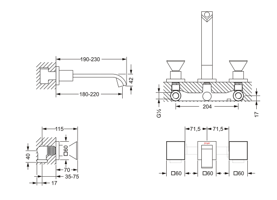 Смеситель для раковины на 3 отверстия ½", настенный монтаж, внешняя часть JOERGER Empire Royal Crystal 627.30.360.000-AA - Вид №1