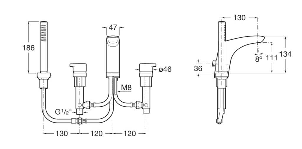 Набор для ванны с одной ручкой и 4 отверстиями из хромированной латуни с ручным душем Roca Insignia ARCH-00004109 - Вид №1