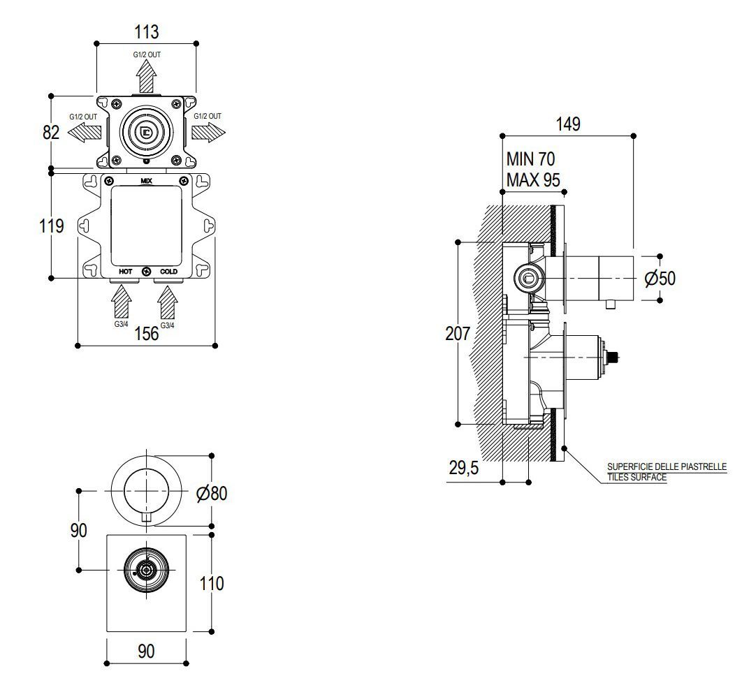 Термостатический смеситель для душа Ritmonio диаметр 35 отпечатков пальцев ARCH-00102252 - Вид №2