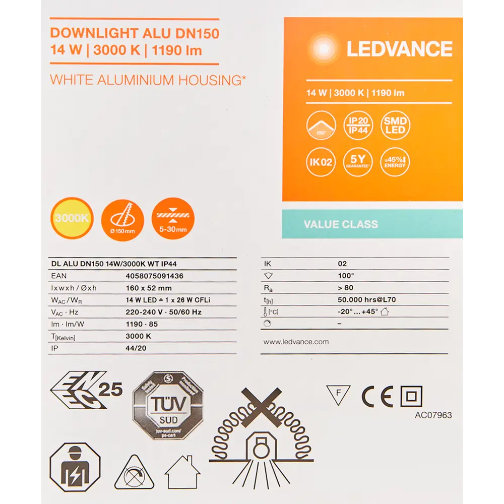 Встраиваемый светильник светодиодный 14 Вт 3000 К WT IP44 LEDVANCE STLM-2151694 - Вид №6