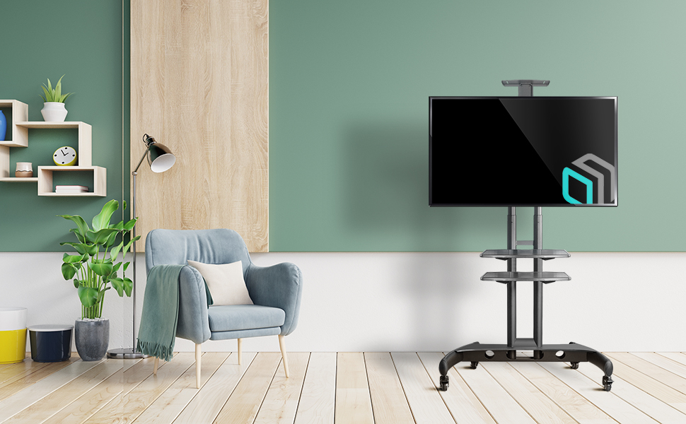 TS1562 BLACK Мобильная стойка на 1 тв/ 32-65" от 100х100 до 400х600 наклон 0º поворот 0º макс нагр 45,5кг высота 1030-1530мм, кабель-канал, 2 полки, регулировка полок по высоте, колесики с блокировкой, черная ONKRON Santreyd  - Вид №8