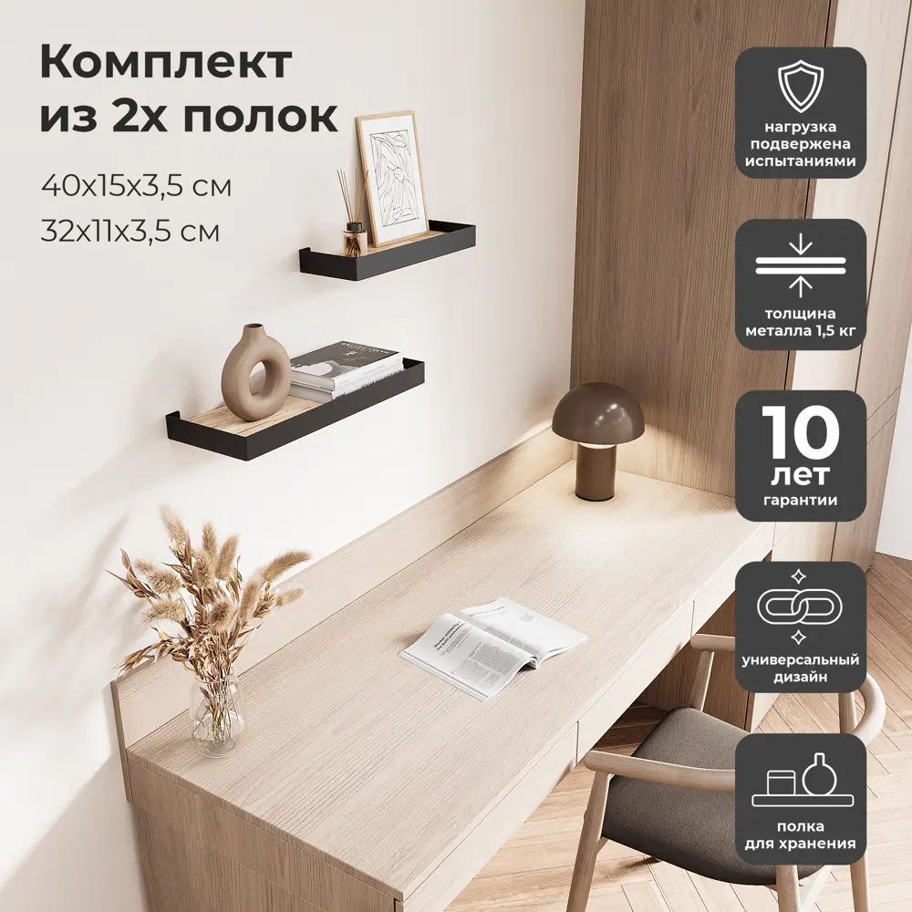 Комплект настенных полок 32x11x3.5/40x15x3.5 см со скрытым креплением металл цвет черный 2 шт. 89390784 STLM-2030239 Santreyd  - Вид №3