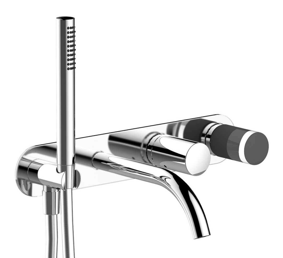 S020SB+R021A  Встраиваемый смеситель для ваннывылет 15 см без ручек переключатель на 2 потока с поворотной кнопкой ручная лейка FIT шланговое подсоединение с держателем для ручной лейки гибкий шланг 150 см ПВХ впуски 1/2'' ручки заказываются отдельно, см Fantini Rubinetti Nice