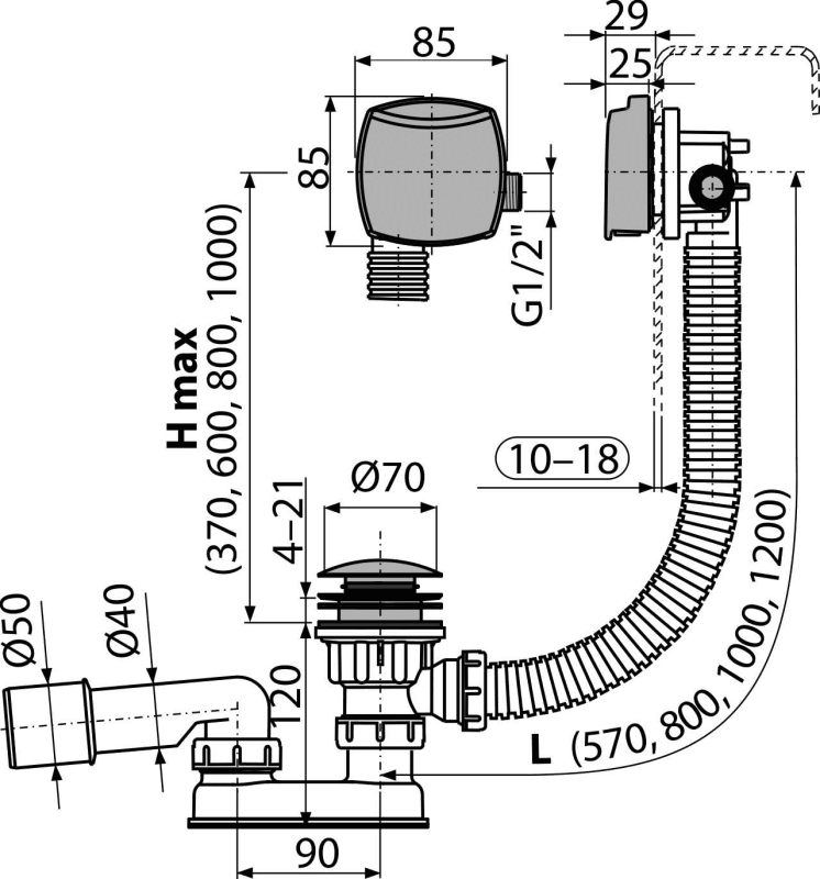 Сифон для ванны CLICK/CLACK с напуском воды через перелив для ванн с толстыми стенками, хром ALCAPLAST A509CKM - Вид №1