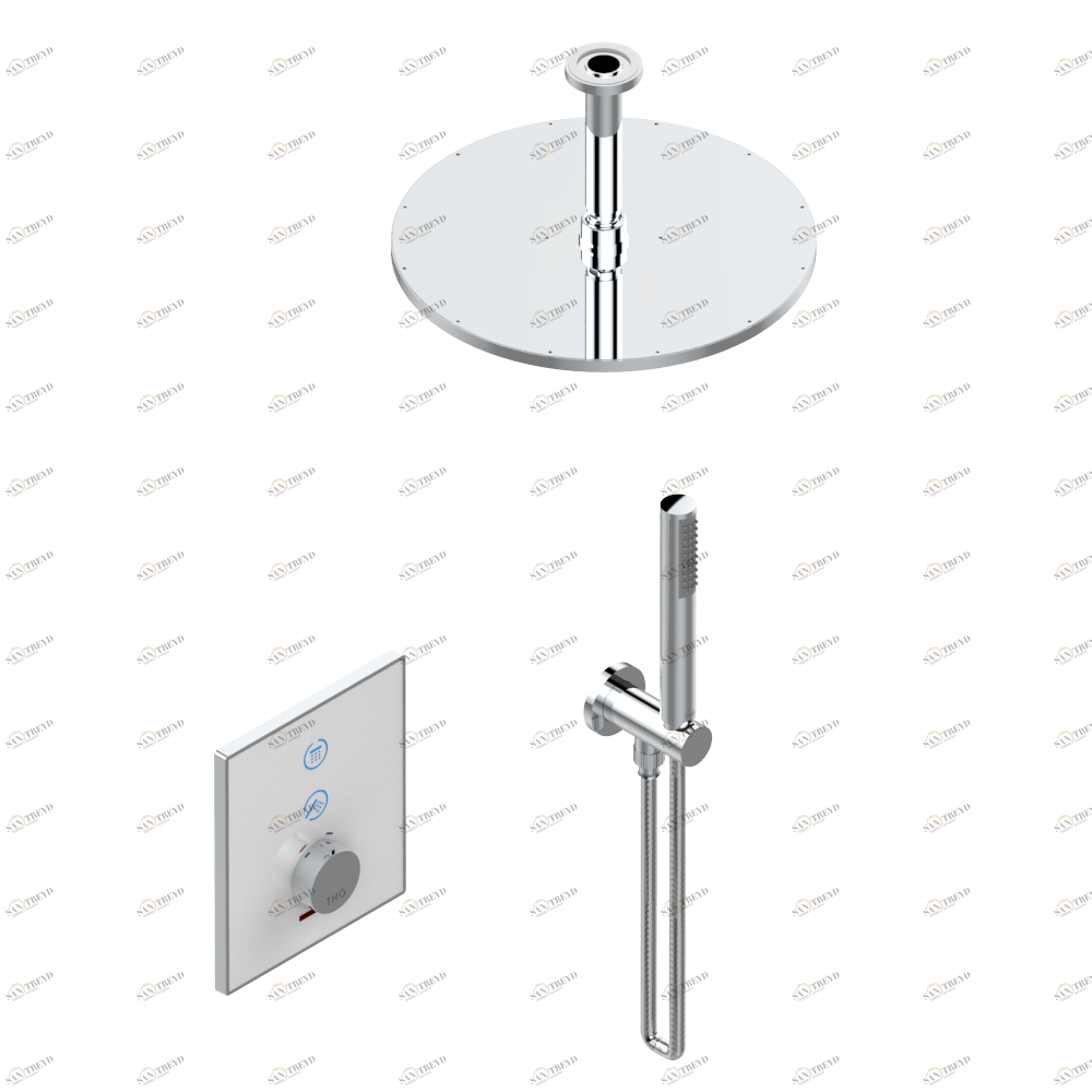 D14-6722B Комплект для душа Electrobox (включающий круглую лейку для душа Ø 300 мм с вертикальным держателем, ручной душ и смеситель с белой панелью, встраиваемый корпус и трансформатор) Thg-paris Electrobox Хром D14 6722B  A02 CAT.A