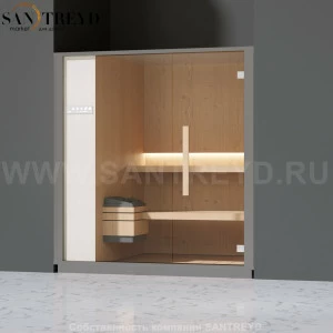 Effegibi ONE S LO50010010 Сауна. Установка: в нишу. Левая дверь. Мощность: 6 кВт макс. Размеры: длина 214 см, ширина 171 см. Отделка: канадский хемлок, матовый лакированный серый аллюминий и бежевый ламинат из керамогранита.