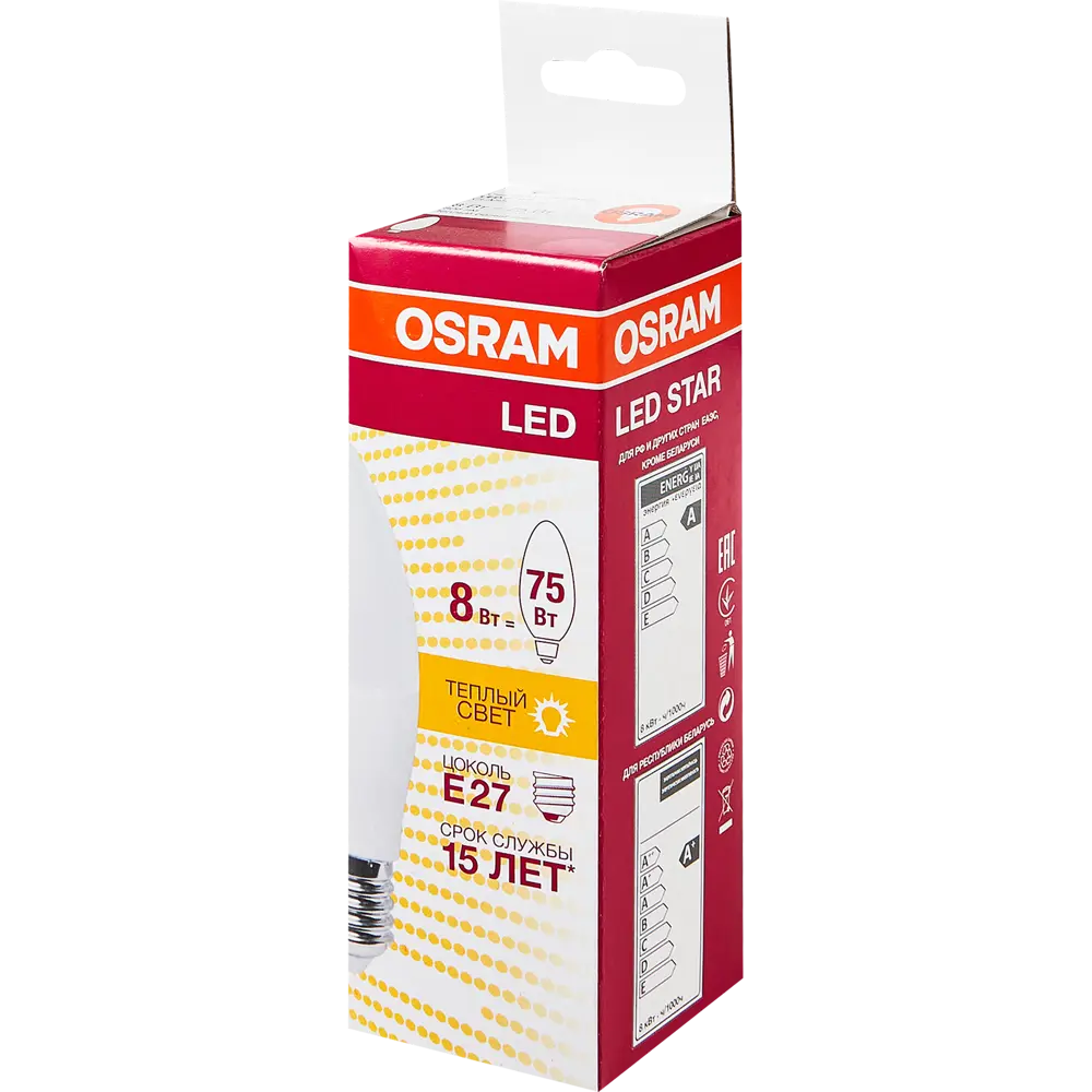 Лампа светодиодная Osram E27 220 В 8 Вт свеча 806 лм тёплый белый свет 82056868 STLM-2070886  - Вид №4