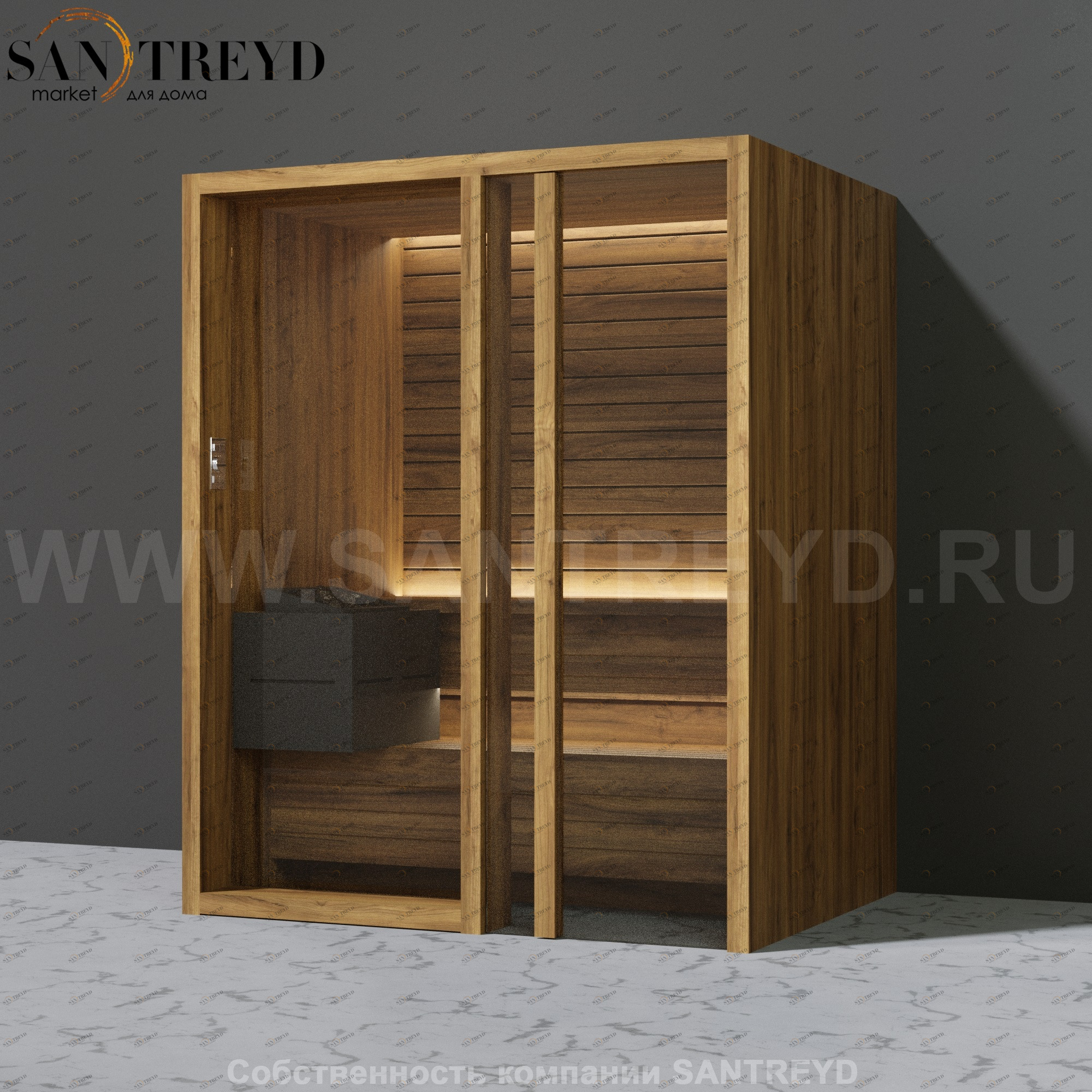 Effegibi YOKU.G45 SA.70300023 Сауна с правой дверью. Мощность: 4,5 кВт макс. Размеры: длина 174 см, ширина 132 см. Отделка: термообработанное дерево SA70300023