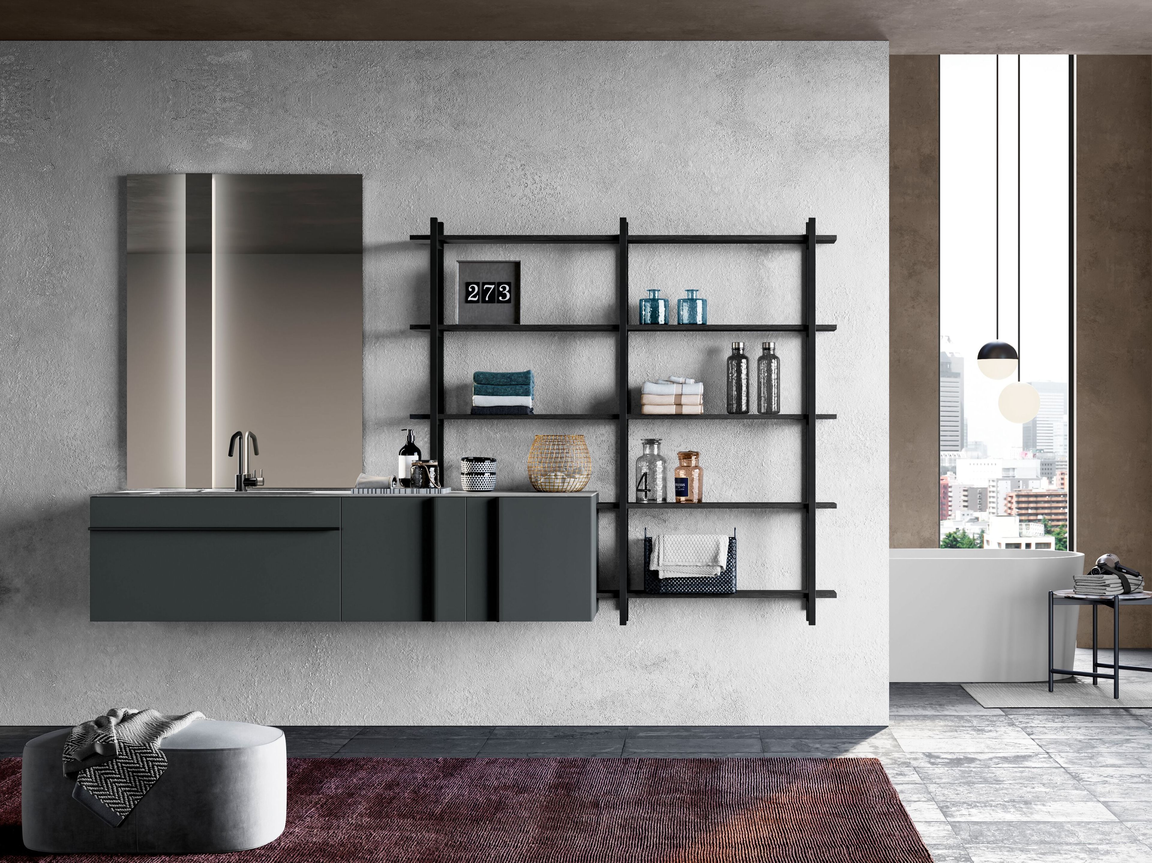 Подвесной шкаф для умывальника с выдвижными ящиками, зеркалом и стеллажами Birex Sidéro ARCH-00003339