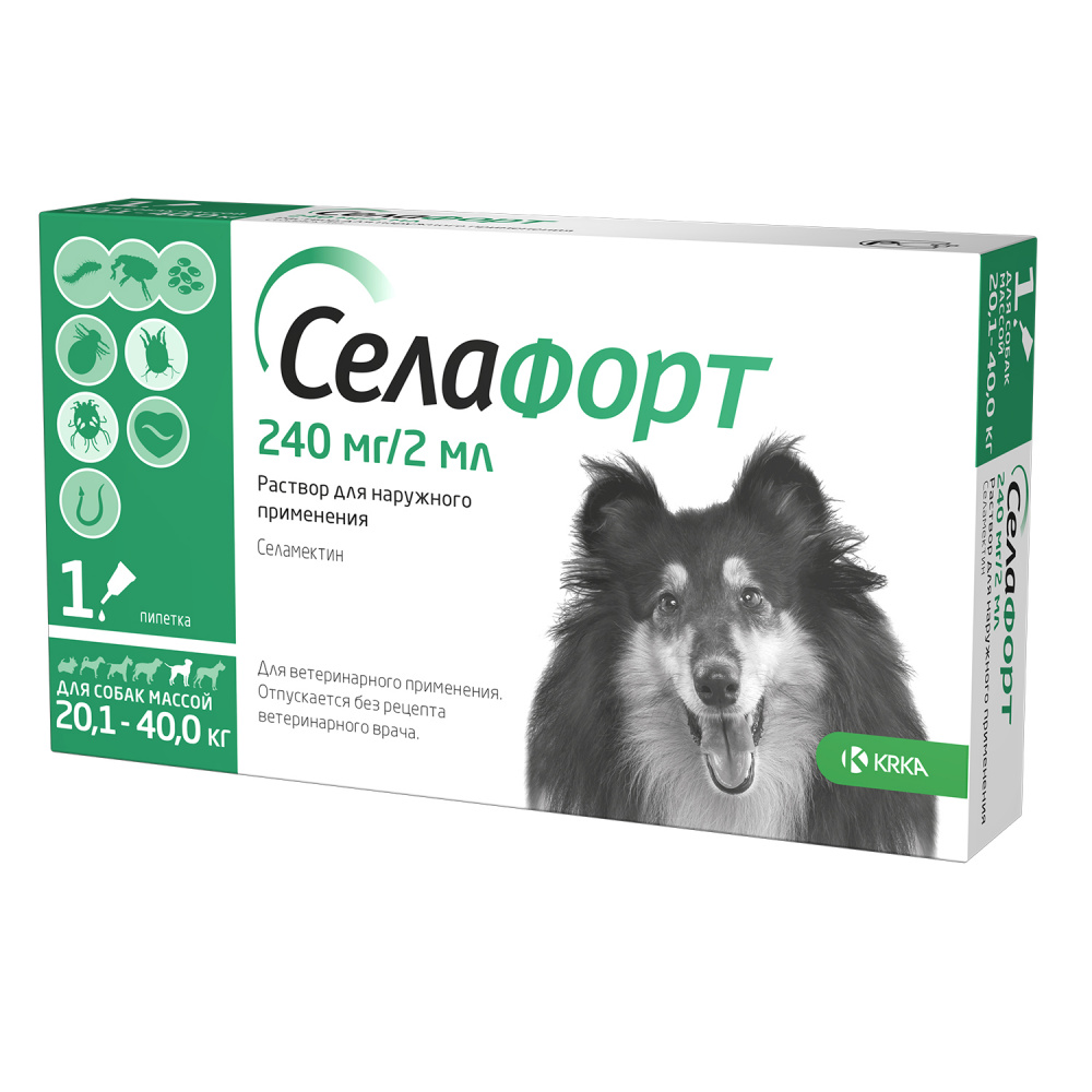 ПР0049140 Р-р для наружного применения для собак Селафорт весом 20,1-40,0 кг, 2 мл (240 мг), шт KRKA 
