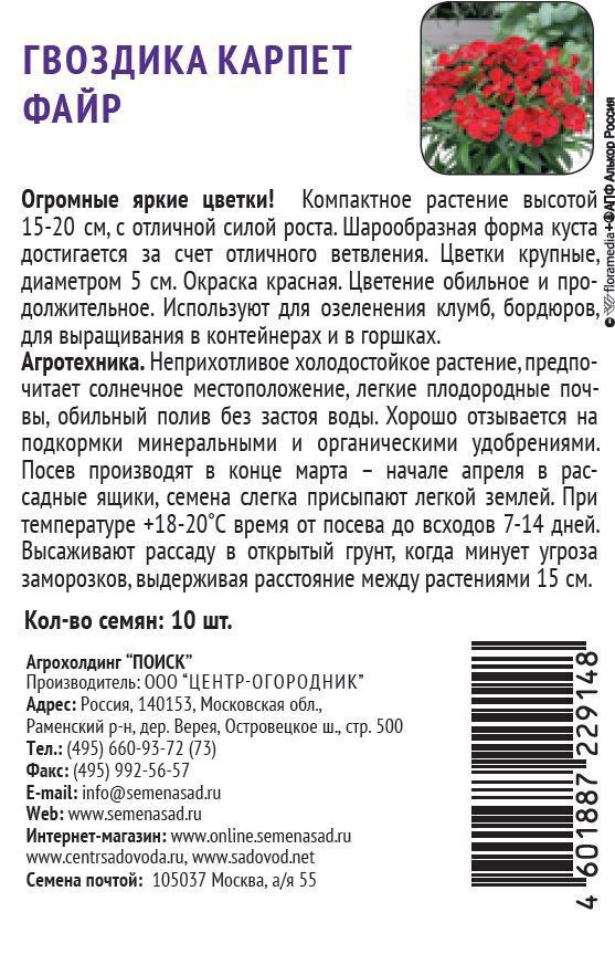 Семена гвоздики Карпет Файр красной 10 шт. Santreyd 86218063 STLM-0066969 - Вид №1