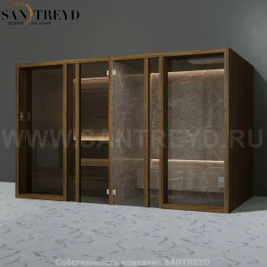 Effegibi YOKU.G SH YO.30320004 Комбинированная баня: хаммам и сауна. Установка: к стене Мощность: 10,5 кВт макс. Размеры: длина 342 см, ширина 170 см. Отделка: чёрный орех и темный керамогранит