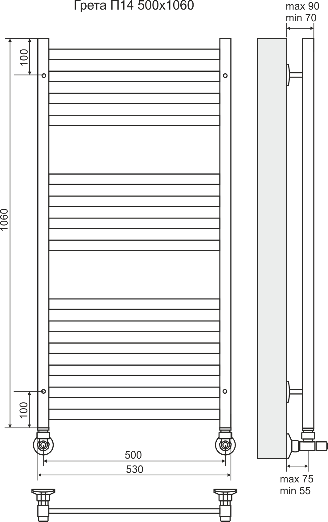 4620768884689 ЛЮКС Грета П14 500х1060 (6+4+4+) Полотенцесушитель TERMINUS RAL 9005 матовый - Вид №2