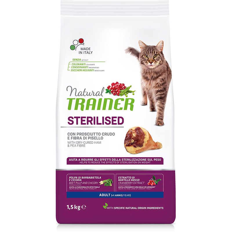 ПР0039519 Корм для кошек TRAINER Natural Adult Sterilised для кастрированных, сыровяленая ветчина сух. 1,5кг NATURAL TRAINER 
