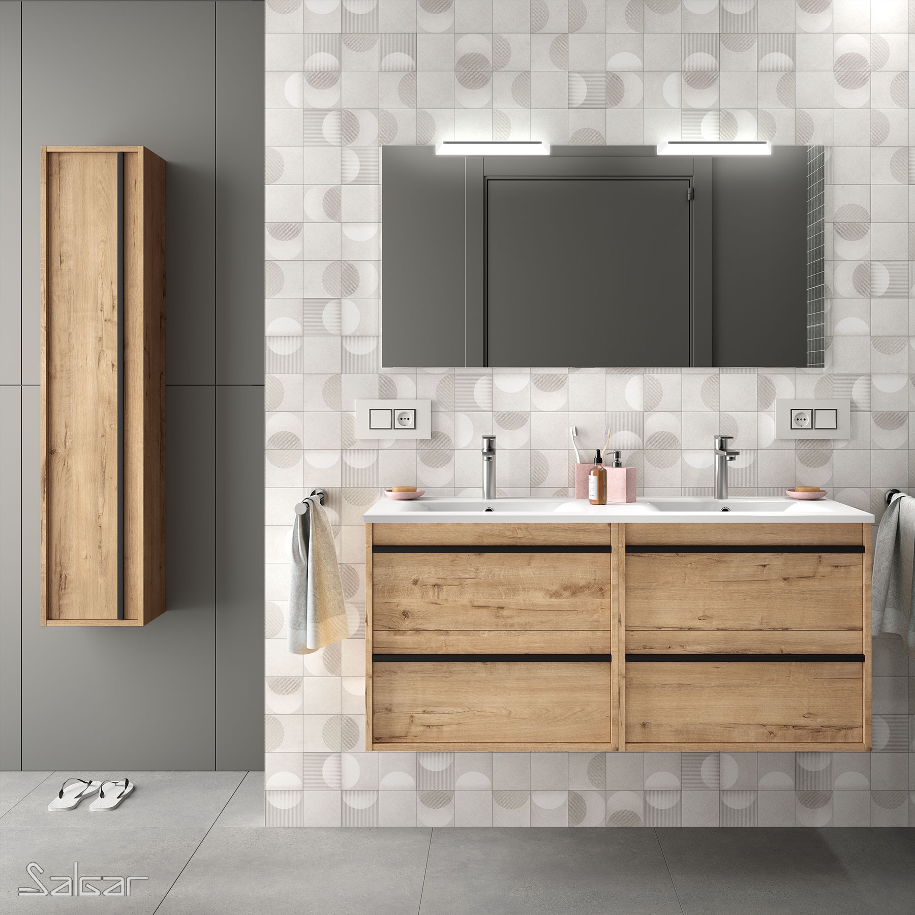 84956 SALGAR Комплект мебели для ванной ATTILA 1200 OSTIPPO OAK + Раковина + Зеркало + Свет Робл Остиппо