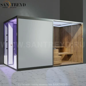 Effegibi BODYLOVE SH BL45230002 Боковая комбинированная баня: хаммам и сауна. Установка: в правый угол. Мощность: 15 кВт макс. Размеры: длина 393 см, ширина 176 см. Отделка: термообработанная древесина, гладкое стекло.