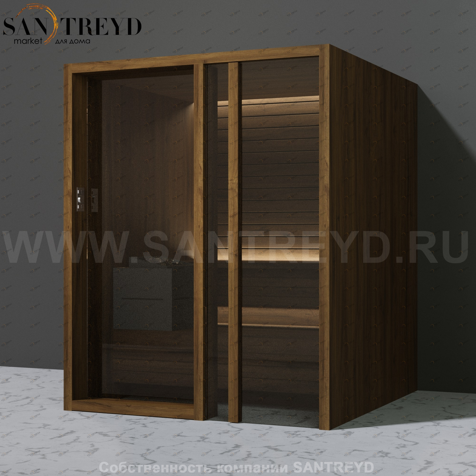 Effegibi YOKU.G60 SA.70300013 Сауна с правой дверью. Мощность: 6 кВт макс. Размеры: длина 174 см, ширина 170 см. Отделка: чёрный орех SA70300013