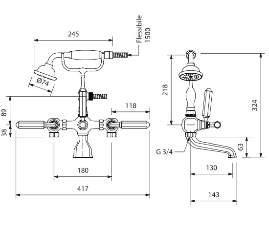 Смеситель для ванны с 2 отверстиями с ручным душем Park Avenue Dark White ARCH-00139217 - Вид №2