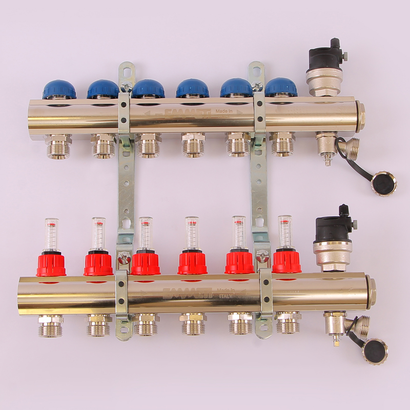 Коллекторная группа TOPWAY с термостатическими вентилями и расходомерами с резьбой под евроконус EMMETI 1"x3/4"ЕК 6 выходов 01298218