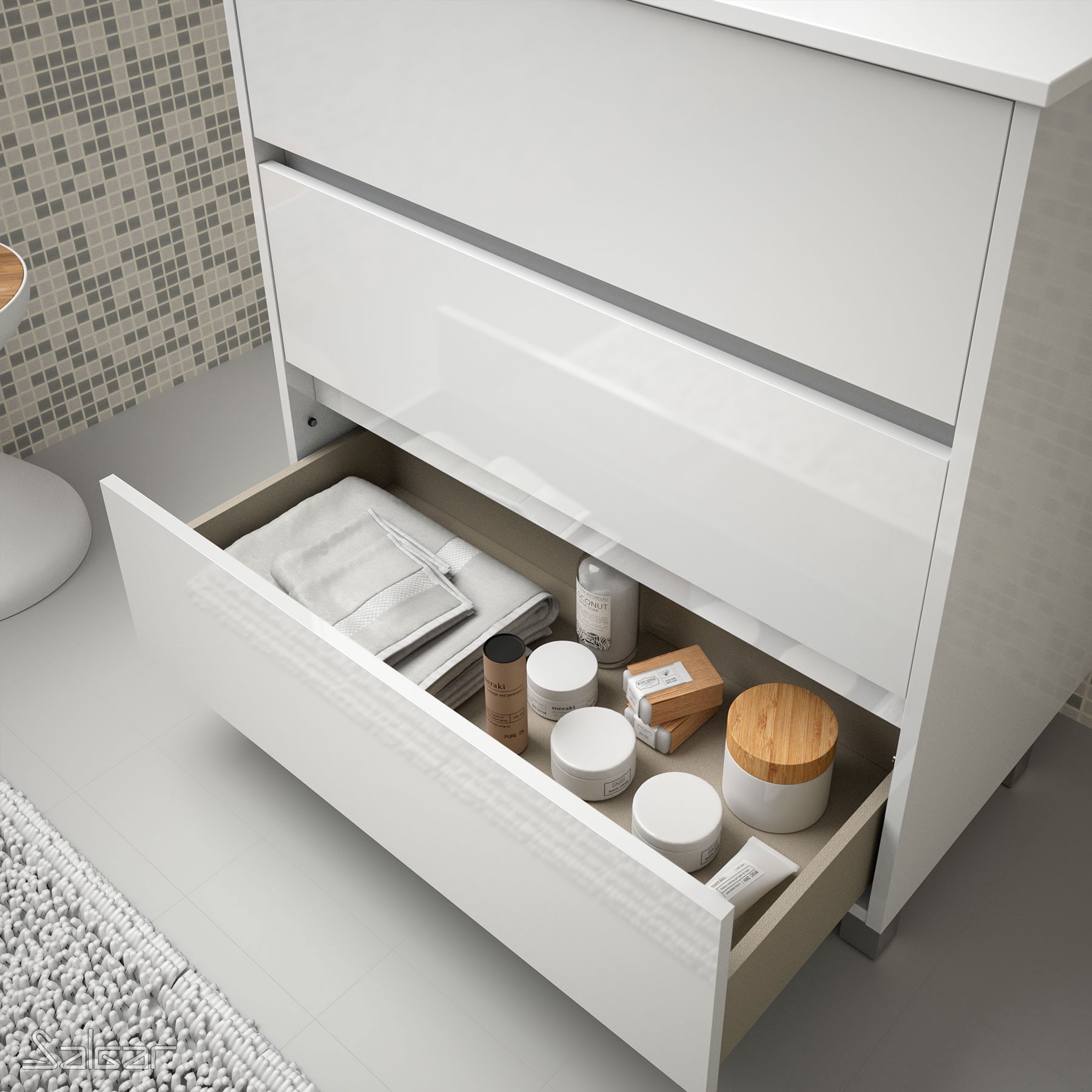 85134 SALGAR Комплект мебели для ванной ARENYS 1000 WHITE GLOSS LACQUERED + Раковина + Зеркало + Свет Глянцевый белый - Вид №1