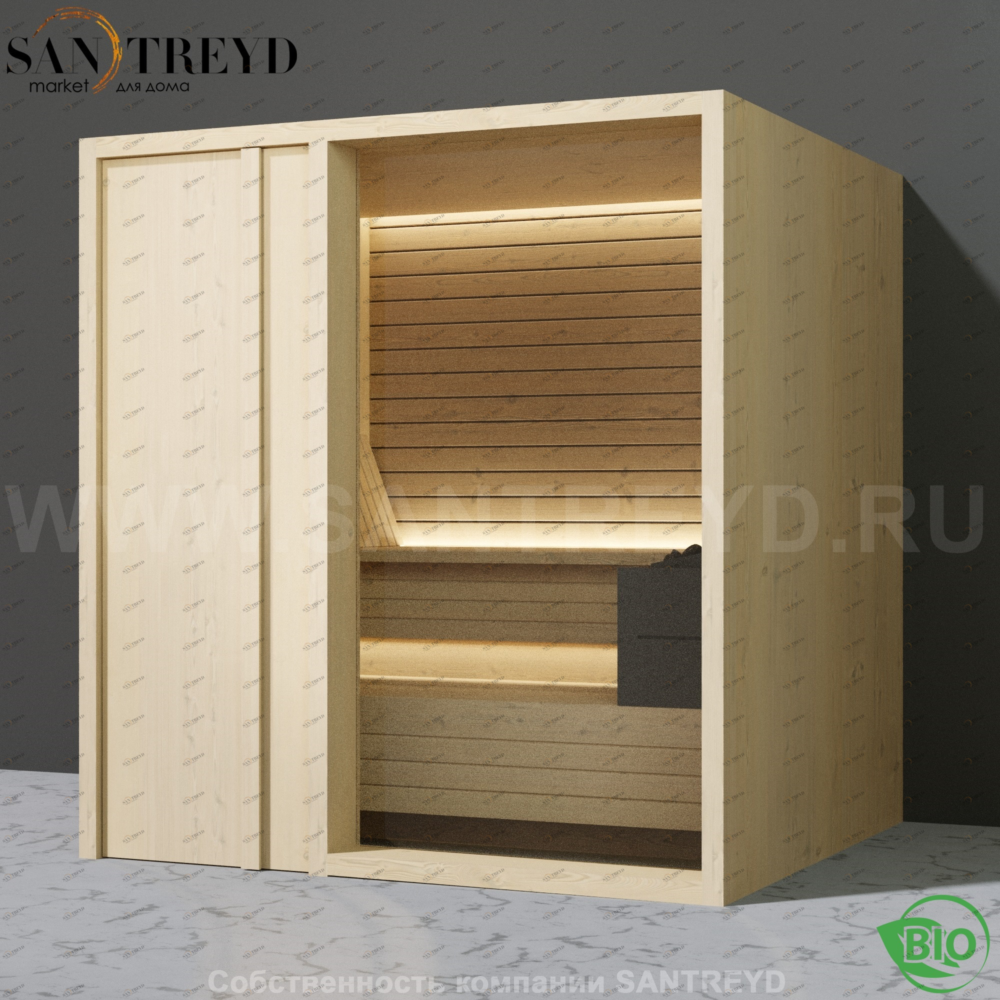 Effegibi YOKU.D80 BI.70200010 Био-сауна с левой дверью. Мощность: 9 кВт макс. Размеры: длина 202 см, ширина 180 см. Отделка: осина термообработанная BI70200010