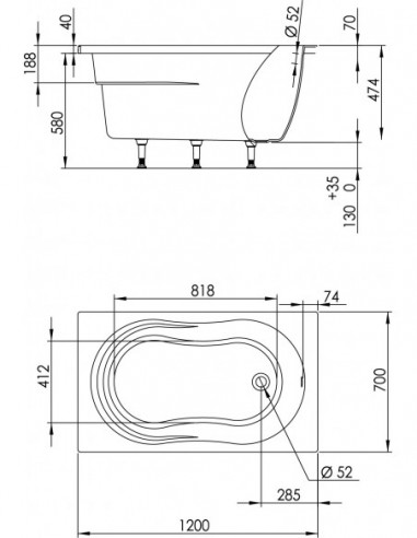 675200 001 00  Ванна Minime, с дополнительным сиденьем, встраиваемая, ультракомпактная, 5 регулируемых ножек, 120 x 70 см Valentin  - Вид №3