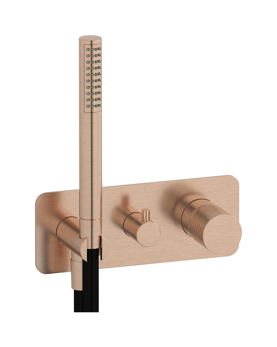 Внешние части встроенного в стену смесителя на 3 потребителя в комплекте с душевым гарнитуром. WE ARE IB ga314sr Brushed Rose Gold Gatsby