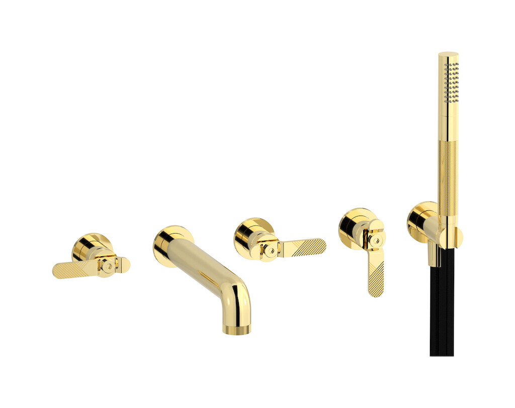 Настенный смеситель для ванной на 5 отверстий с дивертером и душевым гарнитуром. WE ARE IB b2398ii Pale Gold Bold