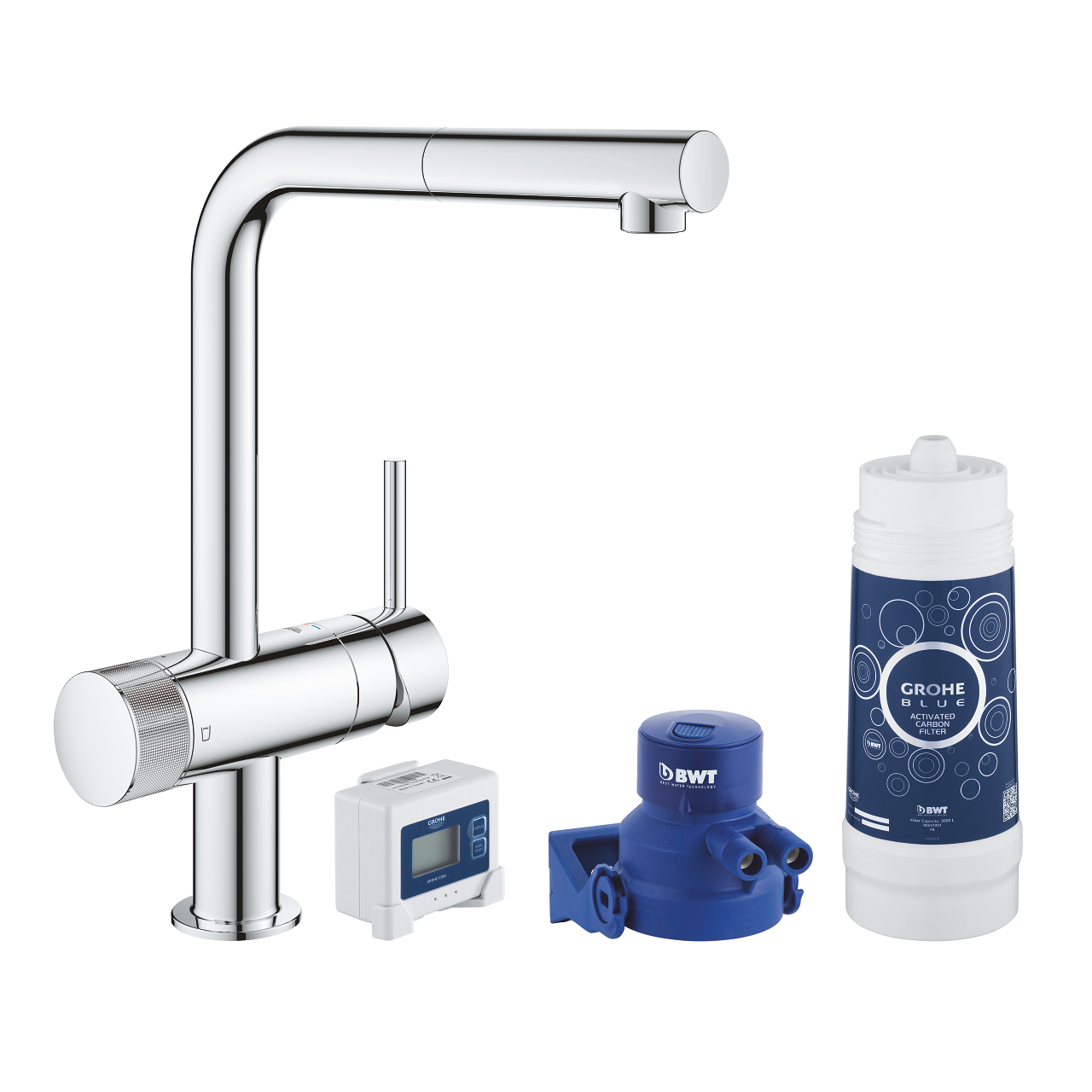 Смеситель для кухни GROHE Blue Pure Minta, без электроники с L-образным выдвижным изливом, для подачи смешанной и фильтрованной воды, с головкой для фильтра и счетчиком, хром (30382000)