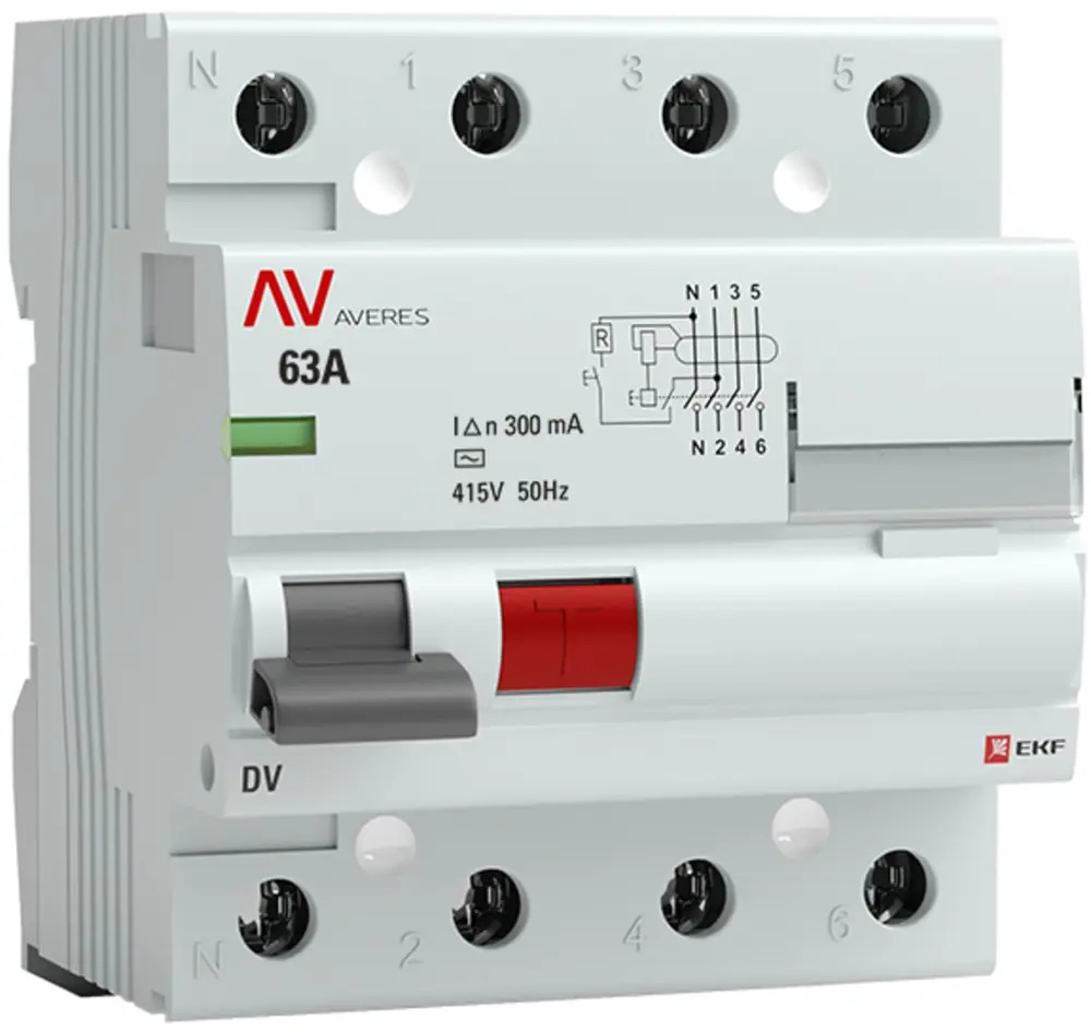 EKF Averes DV — 4-полюсное УЗО 63А с защитой от токов утечки 84579908