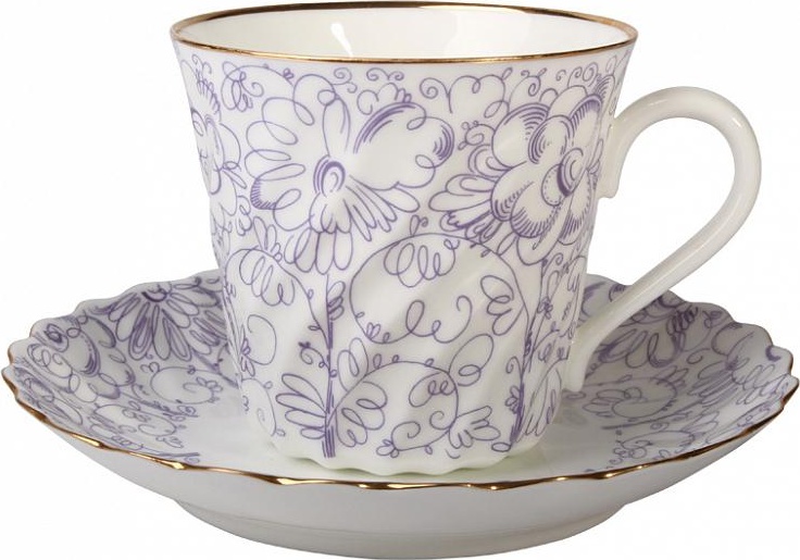 80288 Императорский фарфоровый завод Чашка с блюдцем "Садик" "Витая" Фарфор костяной 