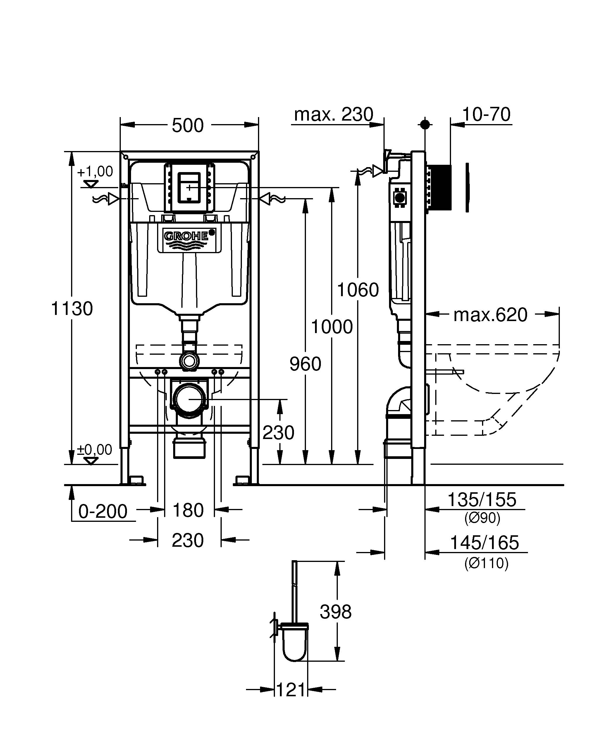 Комплект 6 в 1 для подвесного унитаза GROHE Rapid SL: инсталляция, крепление, панель смыва, шумоизоляция, ершик (39502000) - Вид №1