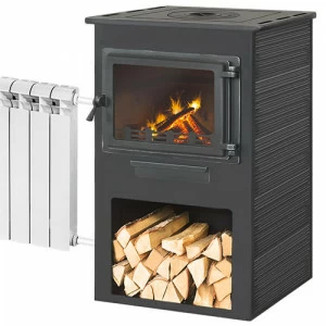 Печь-камин Этна (Панорама) с плитой и Т/О "Антрацит" высокая