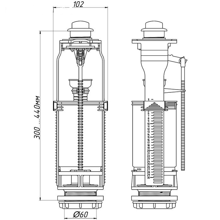 Арматура для смывных бачков "АНИ", с нижней подводкой 1/2" WC8510C, кнопка хром АНИ пласт 7167 - Вид №1