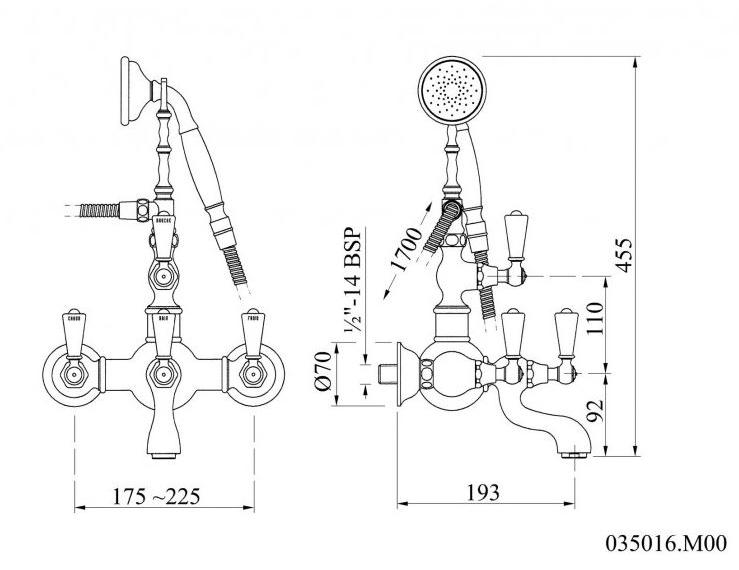 Bronces Mestre Настенный смеситель для ванны на 2 отверстия с ручным душем Retro 035016.m00.30 - Вид №1