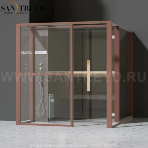 Effegibi LOGICAFILO H LO31030014 Хаммам. Установка: в левый  полуугол. Левая дверь. Мощность: 4,5 кВт макс. Размеры: длина 214 см, ширина 250 см. Отделка: матовый лакированный коричневый аллюминий и темный ламинат из керамогранита.